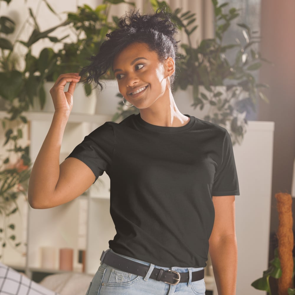 Woman wearing custom t-shirt in lifestyle setting, personalized logo tee for casual wear