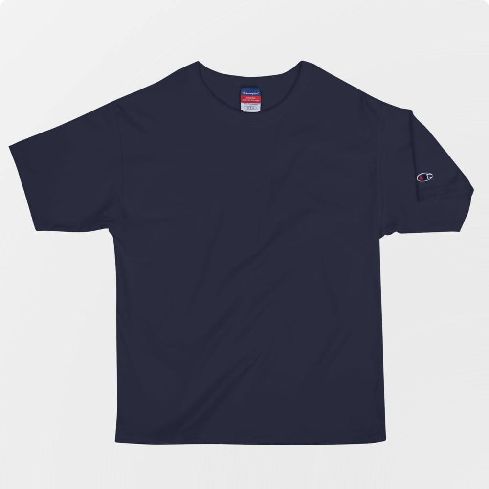 Champion classic t-shirt wrinkled flat lay, custom logo placement on personalized premium tee