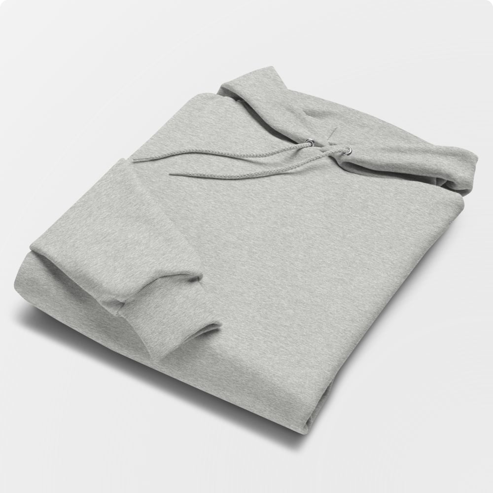 Custom Champion pullover hoodie folded showing hood and logo placement, personalized apparel