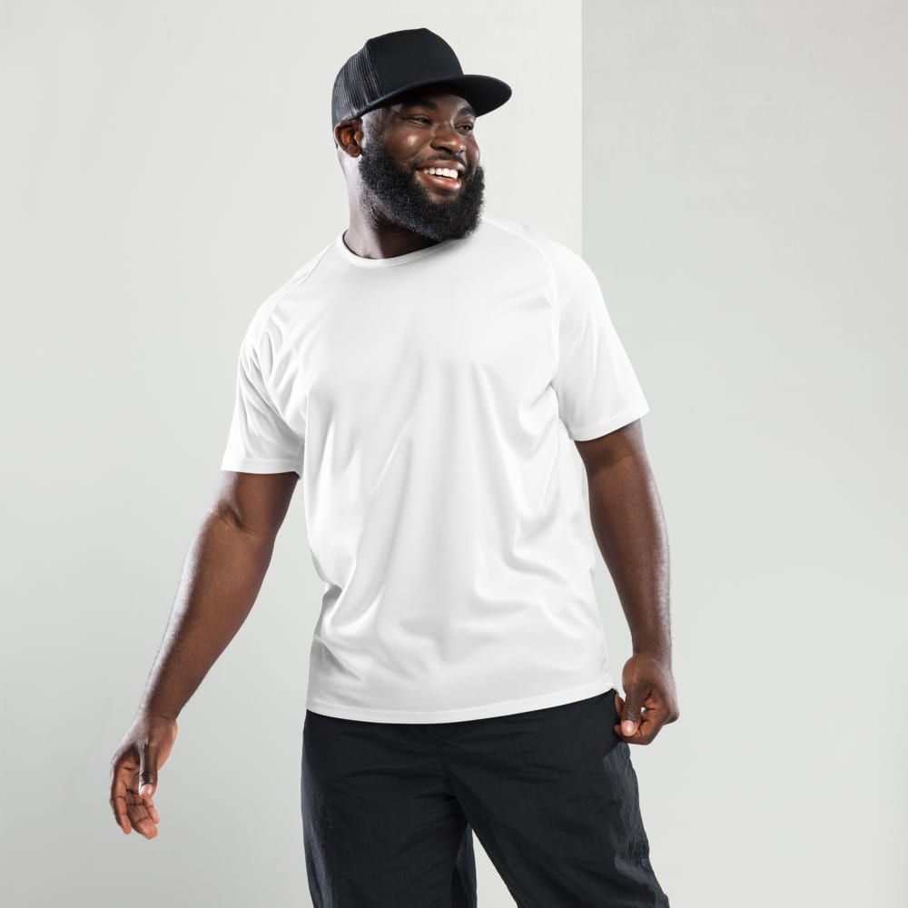 Man wearing custom sports jersey with hat in lifestyle pose, personalized team logo jersey
