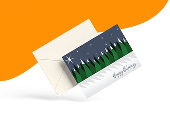 Personalized holiday greeting card with snow-capped trees for Black Friday 2024 deals.