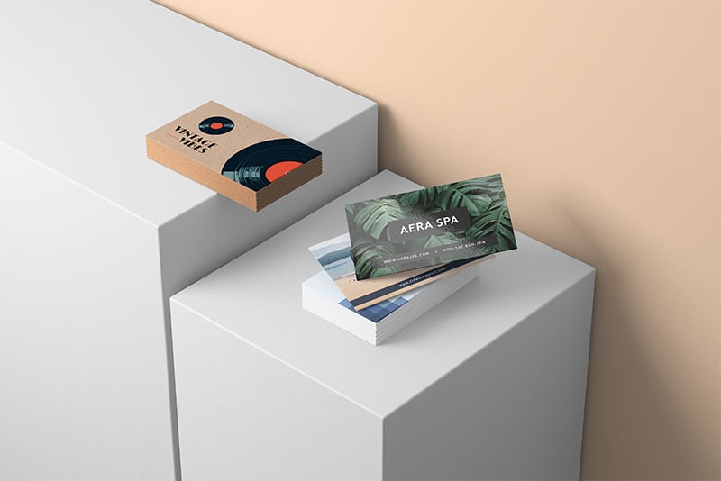 Business cards on white blocks with bird and leaf logos