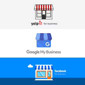 Yelp logo, Google My Business logo, Facebook For Business logo on a small storefront building
