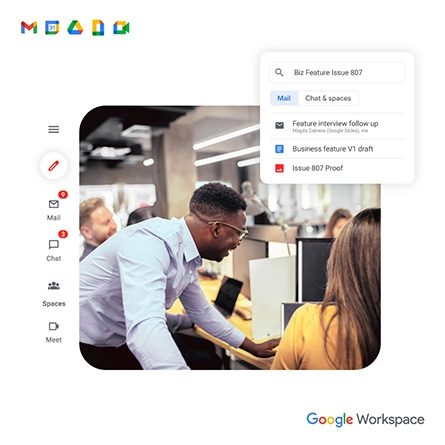 Google Gmail inbox screenshot and image of manager overlooking employees in an office.