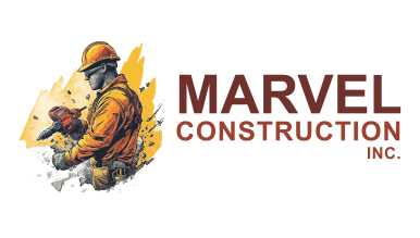 AI logo maker design of a worker with a tool for Marvel Construction.