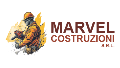 Design AI logo maker di un operaio con un attrezzo per Marvel Construction.