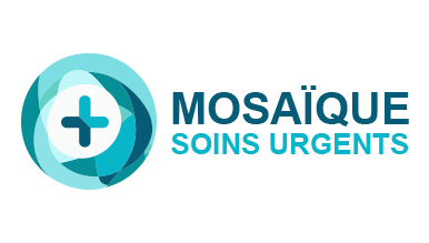 Design AI logo maker d’une croix médicale bleue avec des vagues pour Mosaic Urgent Care.