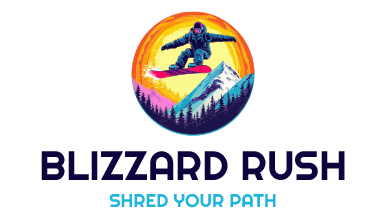 AI logo maker design of a snowboarder mid-jump for Blizzard Rush retail store.