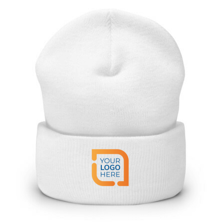 Sample embroidered custom beanie with a custom logo design embroidered on the front