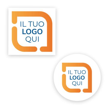 Adesivo di forma circolare e quadrata con logo centrato sulle forme