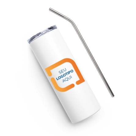 Amostra do copo de aço inoxidável personalizado com tampa reutilizável e palhinha metálica deitado numa superfície com desenho de logótipo impresso na frente