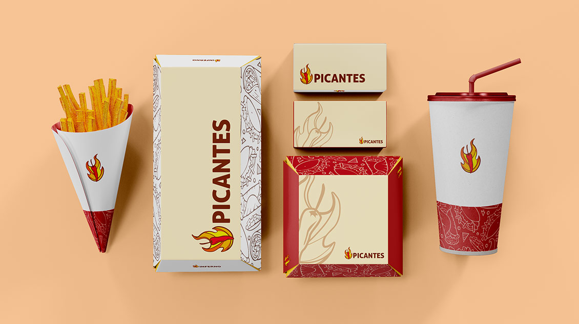 Logo Picantes creato con Logo Maker per un'attività di fast-food specializzata in cibo piccante e speziato, utilizzato per i prodotti di carta del ristorante, come i bicchieri per le bibite, il contenitore per gli hamburger e il cono per le patatine fritte.