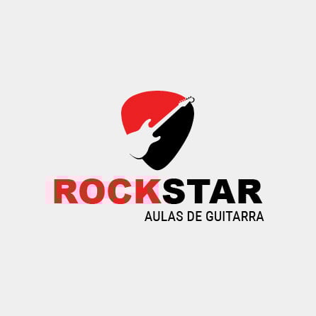 Design de logo vermelho e preto com ícone de guitarra de estrela do rock criado com a Logo Maker