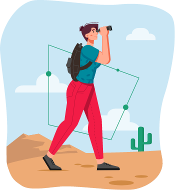 Person looking through binoculars lost in the desert of the internet